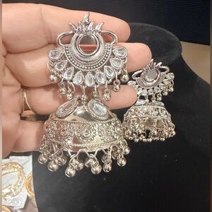 Silver-Tone Jhumka Drop Earrings - Elegant Silver Tribal Jhumki